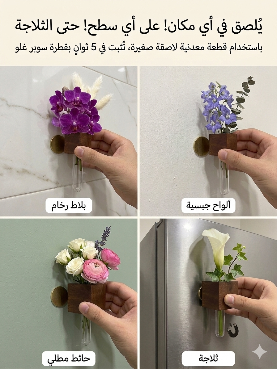 Vase magnétique en bois noble ( تلتصق على جميع الأسطح )