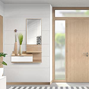 Meuble d'Entrée - Meuble de Rangement Scandinave et Moderne, avec Tiroir, Miroir et 3 Tablettes Résistantes et Stables, Blanc et Chêne Sonoma